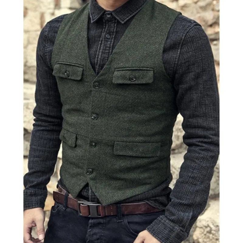 Men Vest V Neck Classic Steampunk Suit Wool Tweed Notch Lapel Thick Tweed For Wedding Groom Banquet Waistcoat
