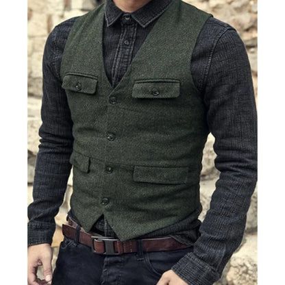 Men Vest V Neck Classic Steampunk Suit Wool Tweed Notch Lapel Thick Tweed For Wedding Groom Banquet Waistcoat