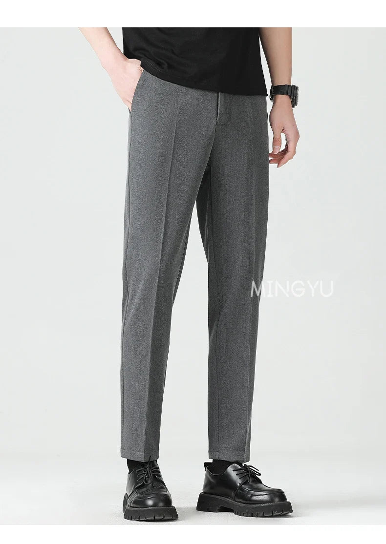 High Quality Lyocell Blend Summer Ankle Length Pants Men Business Elastic Waist Formal Suit Korean Social Work Trousers Male 40