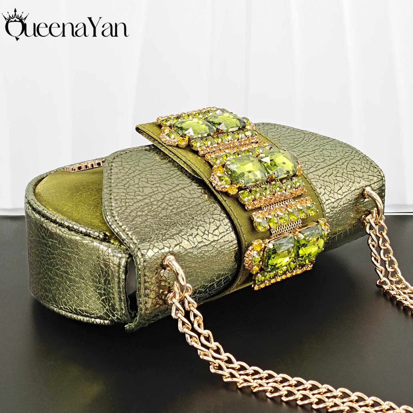 Newest Italian Design Fashion Comfortable Olive Color Peep Toe Party Wedding or Work Women's High Heels with Diamond Oval Bag