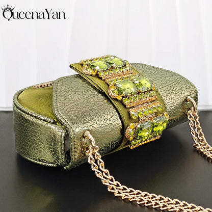 Newest Italian Design Fashion Comfortable Olive Color Peep Toe Party Wedding or Work Women's High Heels with Diamond Oval Bag