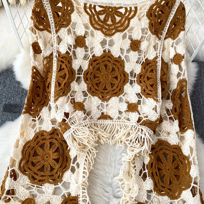 Hook Flower Hollow Out Tops Women Long Lantern Sleeves Tassels Vintage Bohemian Loose Beachwear Hotsweet Knit Blouse