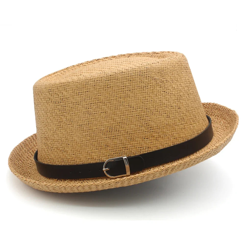 Men Women Classical Straw Pork Pie Hats Fedora Sunhats Trilby Caps Summer Boater Beach Outdoor Travel Party Size US 7 1/4 UK L