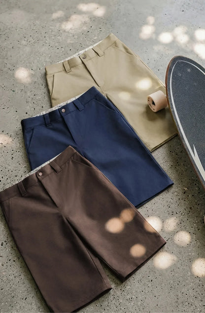 Men's 718 Summer Casual Shorts Japanese Style Solid Color Loose Fit Straight Leg Zipper Fly Commuter Workwear Pants