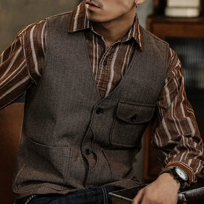 Men Vest Coffee Herringbone Single Button Pocket Waistcoat For Wedding Business Casual Formal Daily Office Work Men Suit Vest