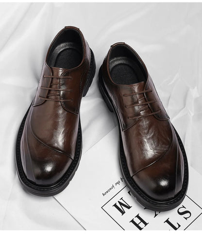Brown Burnished Genuine Leather Lace Up Chunky Sole Formal Business Office Groom Wedding Daily Wear Shoes Fashion Comfortable