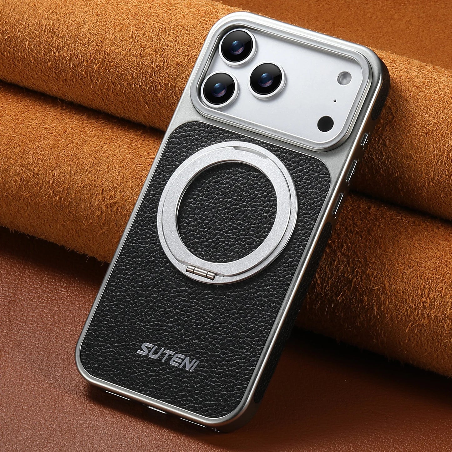 Faux Leather Magnet Wireless Charging Phone Case 360° Rotating Stand Ring Buckle Frosted Feel For iPhone 17 Pro Max 16 15