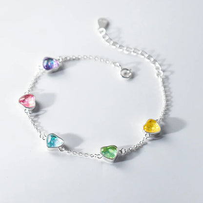 925 Sterling Silver Heart To Heart Colorful Shining CZ Bracelet Adjustable Chain Link For Women Valentine's Day Gifts