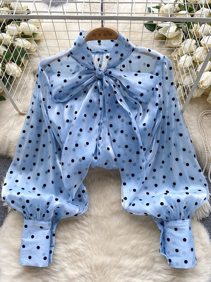 Women Spring Autumn Shirt Fashion French Retro Casual High-end Polka Dot Blouse with Bubble Sleeves Bow Design Top S263
