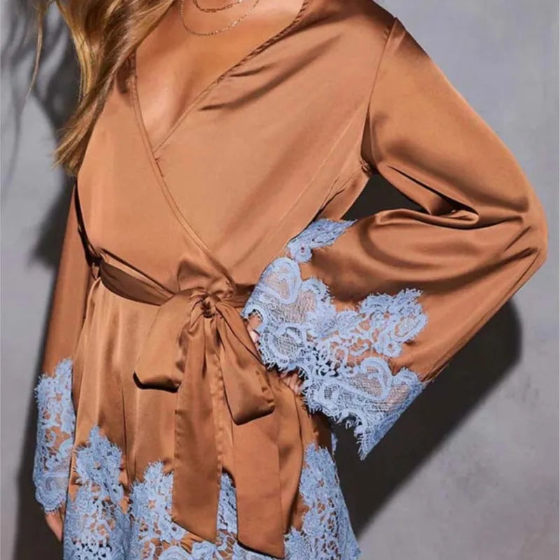Sexy Chic Brown Lace Satin Womens Dress Spring Deep V Neck Hollow Mini Dress Autumn Long Sleeve Sashes Homewear Night Gown