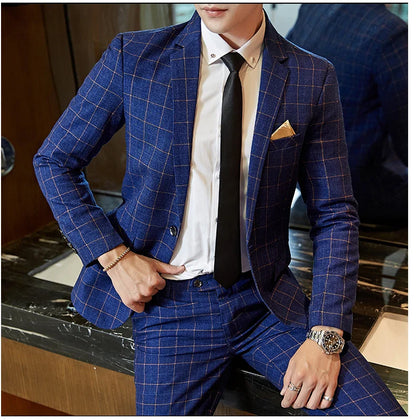 Men's Casual One-Button Plaid Suit Two-Piece Set Business No-Ironing Best Man M-5XL 2025 Fashion Comfortable Fit
