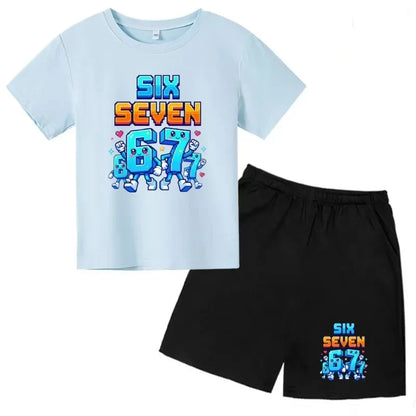 Boys Girls 3-12Y Summer Fashion Outfit 67 Number Cartoon Print T-shirt and Shorts Casual Two-Piece Clothing Set