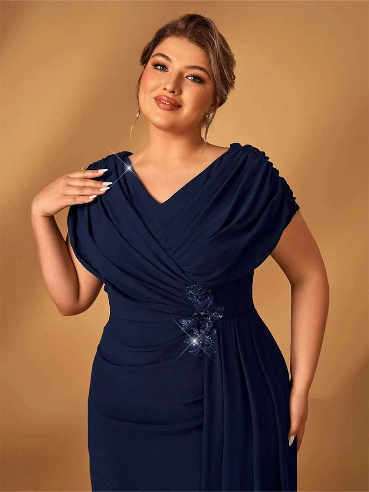 Plus Size Luxury Mom Wedding Reception Party Luxury Shiny Plus Size Chiffon Mother Navy Blue Evening Dress