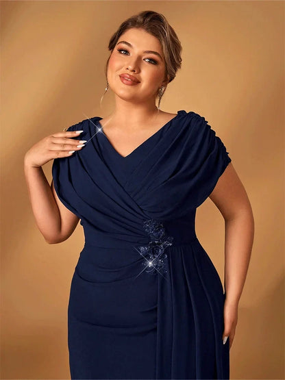 Plus Size Luxury Mom Wedding Reception Party Luxury Shiny Plus Size Chiffon Mother Navy Blue Evening Dress