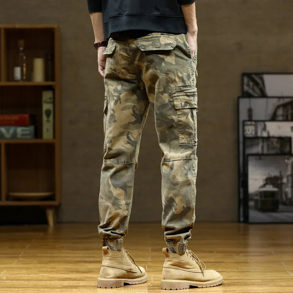 Length Men's Cargo Pant Cotton Stretch Casual Camouflage Trouser Male Camo Cuff Jogger Multi Zip Pocket Outfit Zipper Tied