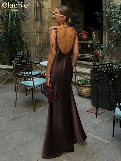 Fashion Loose Brown Satin Womens Dresses 2025 Summer Strap Sleeveless Floor Length Dress Sexy Backless Female Dress