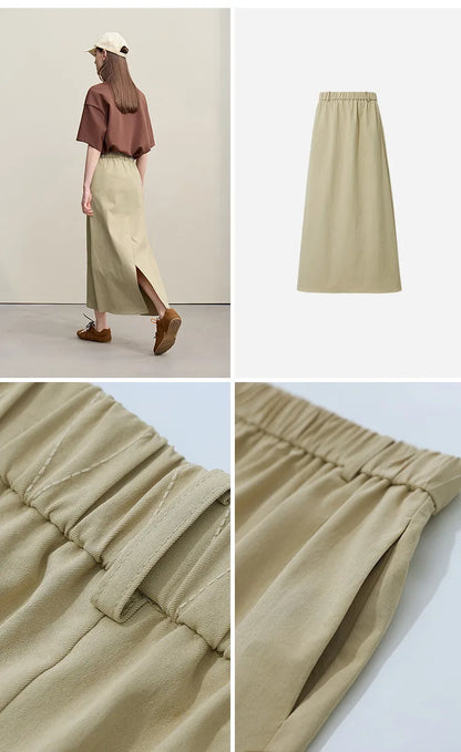 Women's Skirt 2026 Summer New Leisure Elastic Waist Slit A-Line Midi Skirt Women's Loose Embroidered Woman Clothes 12621058