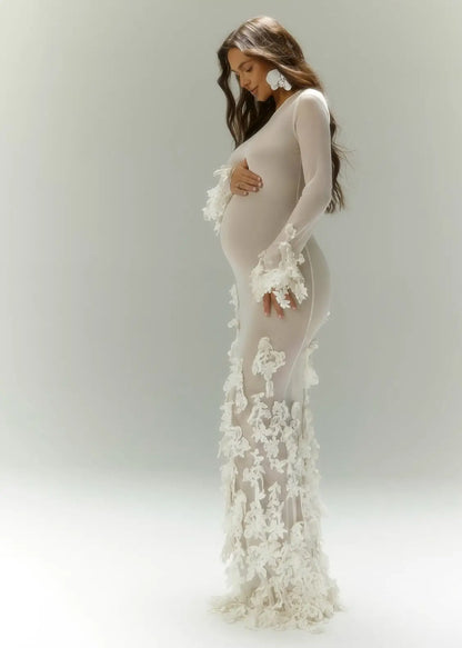 Sexy Women Pregnant Prom Dress For Photo Shoot Full Sleeves Bridal Morning Robe Customized 3D Flower Long Party Gown