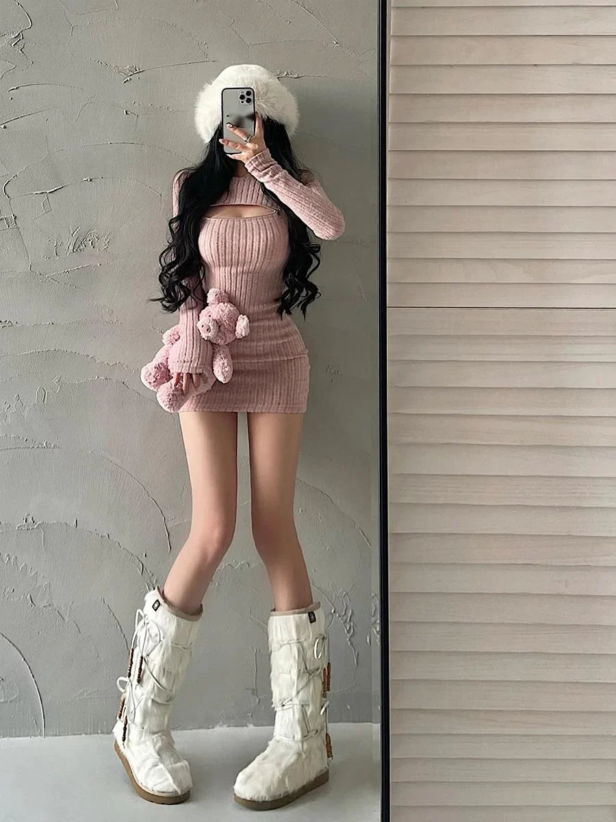 Sexy Hollow Zipper Tight Long Sleeved Sweater Knitted Dress Elegant Short Dress Fashion Sweet Kroean Women Top 1S4E