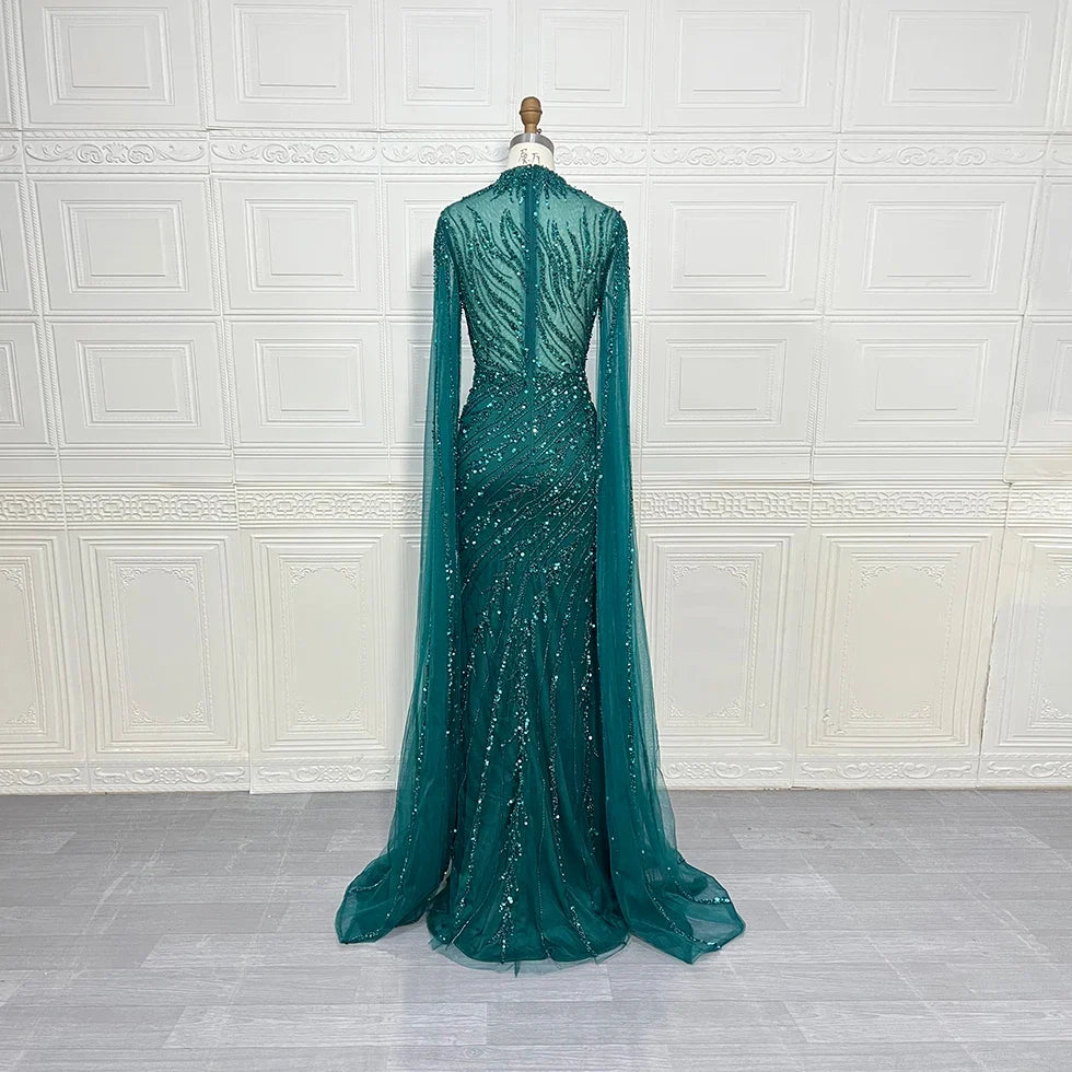 Luxury Saudi Arabia Mermaid Beaded Cape Sleeves High-Neck Evening Dresses 2025 Dubai Party Gowns for Women Wedding Customized