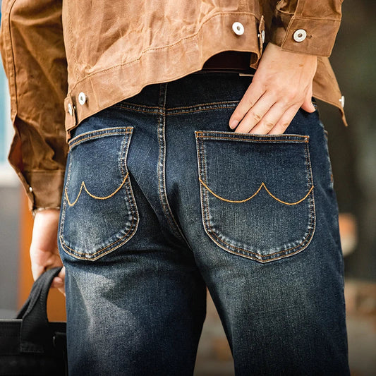 Vintage 11.5oz Denim Washed Straight Jeans for Men Casual YKK Zipper Pants with Pockets Ethnic Design Plus Size Trousers