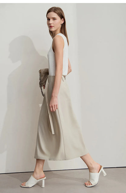 Minimalist Knee length Skirt Women Pleated A-line Loose Dress Elegant Commuting Style Belt Decoration Skirts 12522074