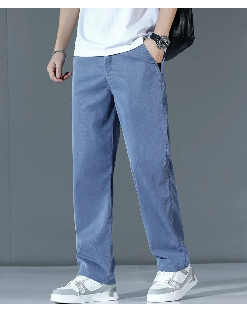 Ultra-thin Lyocell Fashion Loose Casual Pants Men Spring Summer Korean Straight Stretch Brand Trousers Male Clothing Wide Pants