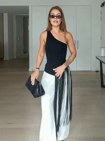 Sexy Tassel Patchwork Women Solid Top Fashion Skew-collar Backless Female Blouse 2026 Spring Summer Asymmetrical Lady Tops