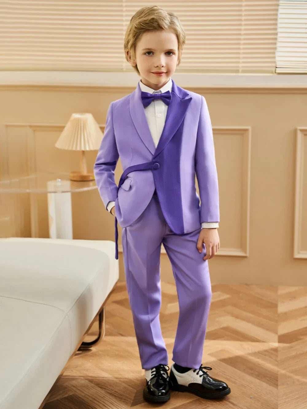 Stylish Purple Kids Tuxedo 3 Pieces Blazer Pants With Bow-tie Dancing Wear Handsome Boys Full Sleeve Suits For Party