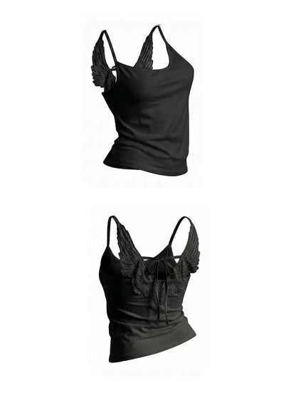 Angel Wings Vest 3D Embossed Wings Embroidery Spaghetti Strap Vest Y2K Women Gothic Fashion Summer Sexy Slim Backless Short Top