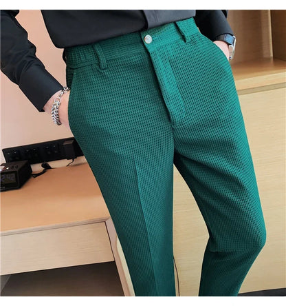 2024 Autumn New Waffle Stretch Waist Business Formal Pants Men Fashion Wedding Slim Trouser Mens Brand Social Party Suit Pants