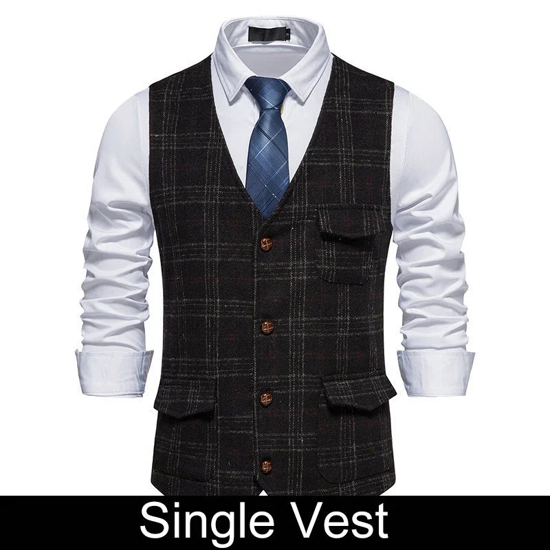 Man Waistcoat British Style Plaid Single-breasted Men Suit Vest Retro Slim V-neck Sleeveless Pocket Male Casual Vest