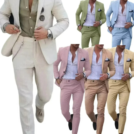 Casual Linen Tuxedo Suits for Men 2 Pieces Blazer and Pants Set Notched Lapel Men's Suit for Wedding Summer Beach Prom Party