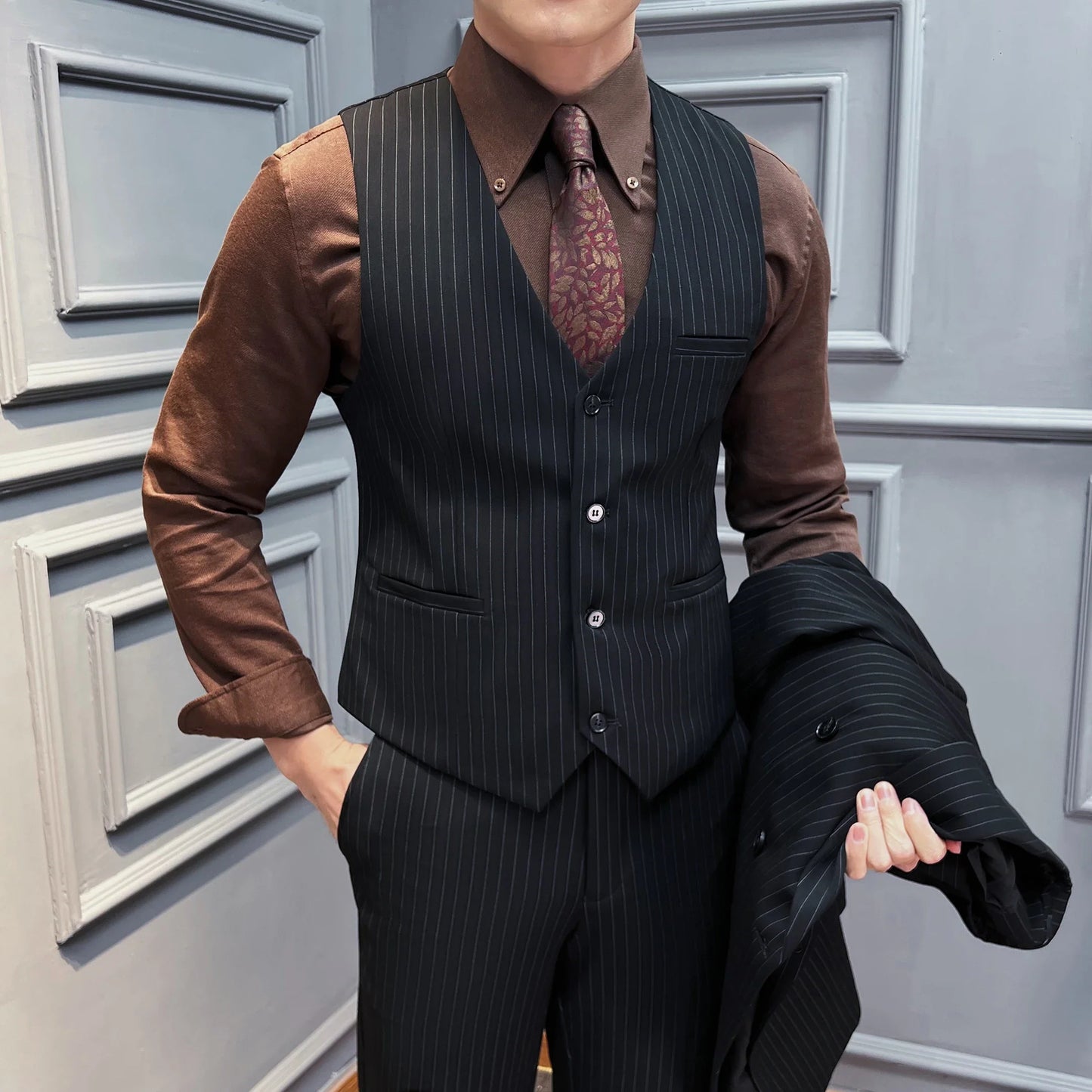 5XL-M( Vest + Pants) High-end Brand stripe Suit Vest 2 pieces Men Luxury Fashion Groom Wedding Vest Set Male Club Party Clothing