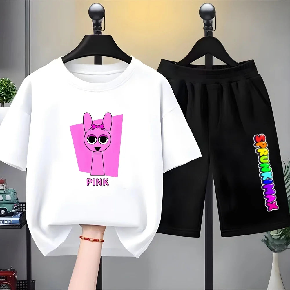 Summer Boys Girls Age 3-12 Tee+Shorts Suit Children Short Sleeve T-Shirts Child Casual Pink Black Clothes Sprunki Graphics