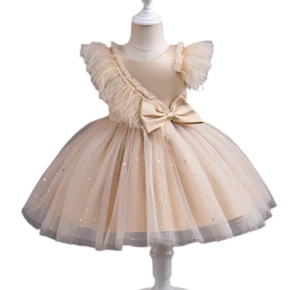 Summer Girls' New Bow Sequin Flying Sleeves Mesh Fluffy Skirt Piano Competition School Graduation Ceremony Dress