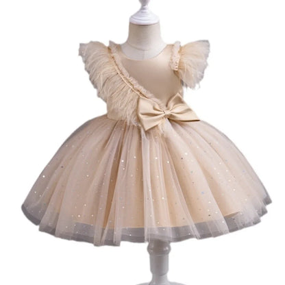 Summer Girls' New Bow Sequin Flying Sleeves Mesh Fluffy Skirt Piano Competition School Graduation Ceremony Dress