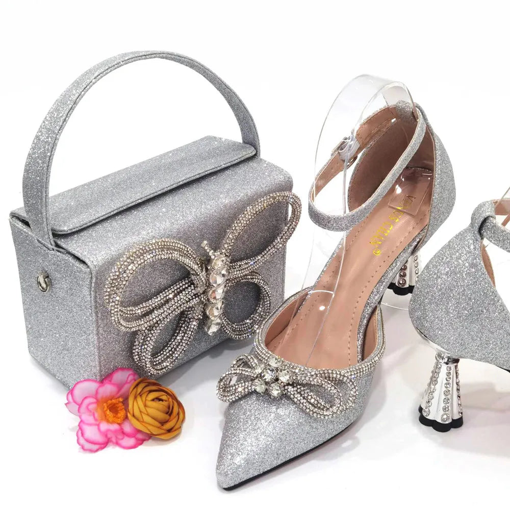2023 Ladies Pointed-Toe Party High Heels Magenta Colour Bow Rhinestone Stereo Bag Evening  African Wedding Shoe And Bag Set