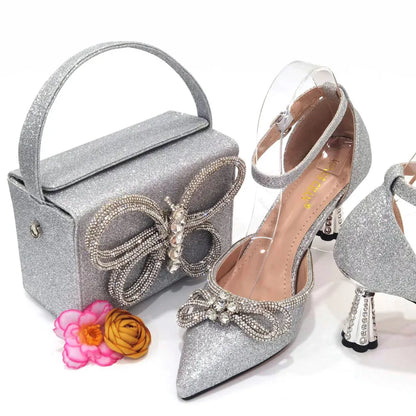 2023 Ladies Pointed-Toe Party High Heels Magenta Colour Bow Rhinestone Stereo Bag Evening  African Wedding Shoe And Bag Set
