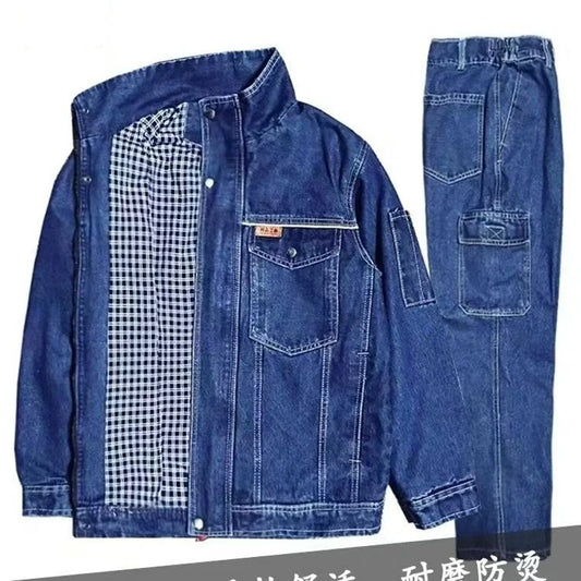 Men's Street Hip Hop Men's Loose Jeans Motorcycle Jacket Two Piece Set Harajuku Pattern Embroidered Jacket Jeans Set