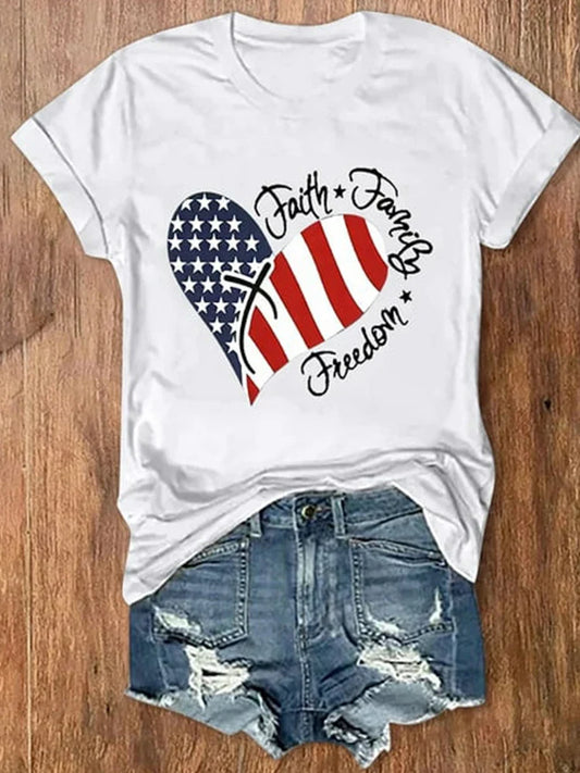 plus Size Women's round Neck Short Sleeve Top Featuring American Flag Design for Independence Day Summer Fashion Outfit