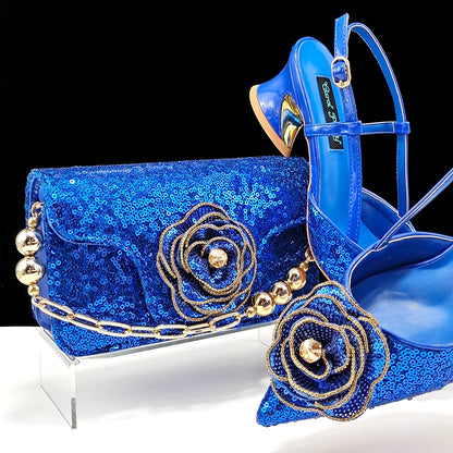 Shiny Gold Color Shoes and Bag Elegant Handbags and Medium Heel Shoes Beautiful Handmade Flowers For Wedding Party