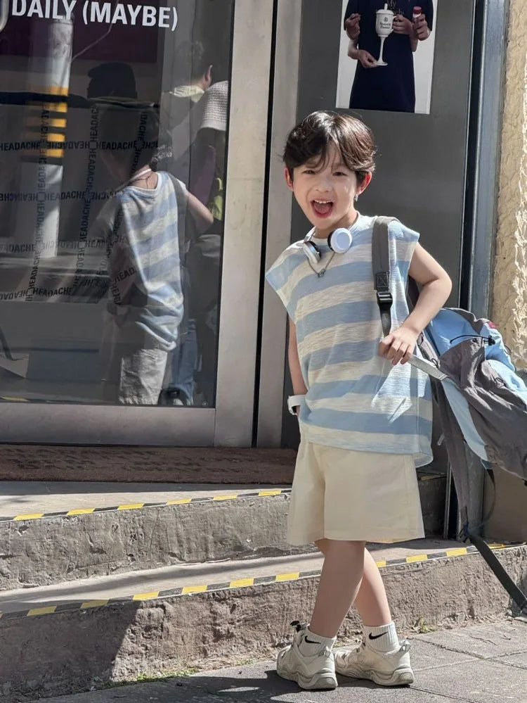 Breathable Lightweight Blue Striped Sleeveless Pure Cotton Shorts Kids Boy Clothes Set Cartoon Children's Fashion Korean Boys'
