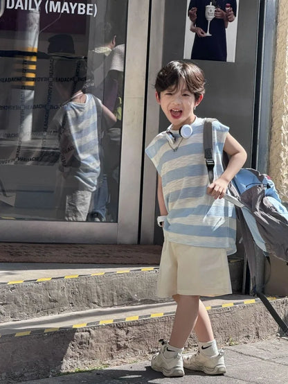 Breathable Lightweight Blue Striped Sleeveless Pure Cotton Shorts Kids Boy Clothes Set Cartoon Children's Fashion Korean Boys'