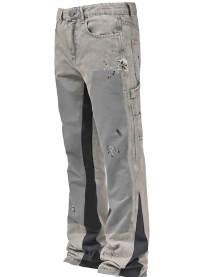 2025 Men's Fashion Jeans Work Pants, European and American Fashion Workwear Elastic Patchwork Denim Layered Flared Pants S-XXL