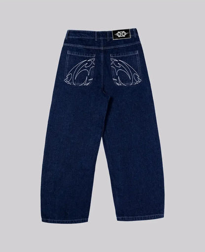 90s Retro Street Embroidery Jeans Male  R&B Solid Color Loose Straight Pants Female Y2K Harajuku Hip Hop  Punk Style  Men Jeans