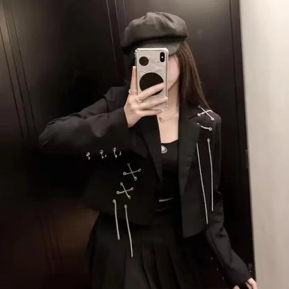 Women Punk Gothic Cropped Blazer with Metal Chain Tops Autumn Chic Patchwork Suit Office Lady Commute Short Jackt Streetwear