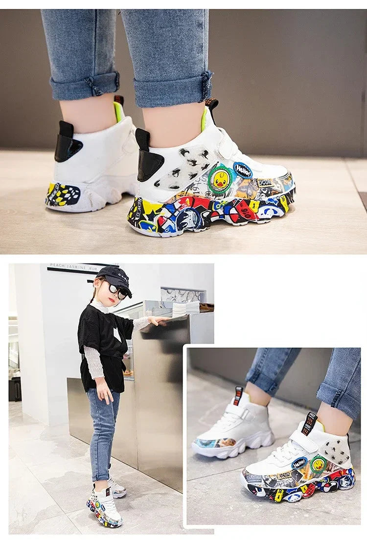 Size 26-37 Children Sports Sneakers for Girls Kid Cartoon Graffiti Pattern Casual Shoes Boys Basketball Shoe Chaussures De Sport