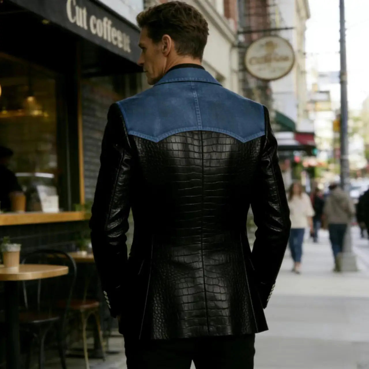 Men's Patchwork Denim & Crocodile Leather Blazer Two-Tone Western Style Suit Jacket Vintage Casual Fashion Coat