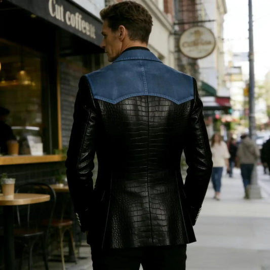 Men's Patchwork Denim & Crocodile Leather Blazer Two-Tone Western Style Suit Jacket Vintage Casual Fashion Coat